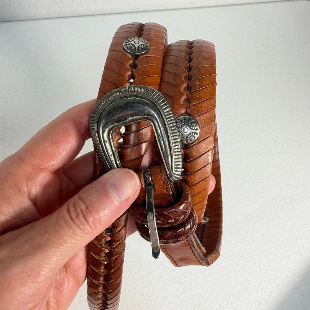 Vtg 90s Sz 36 Leather Belt Western Concho Braided Whipstitch Brown‎ Woven Boho